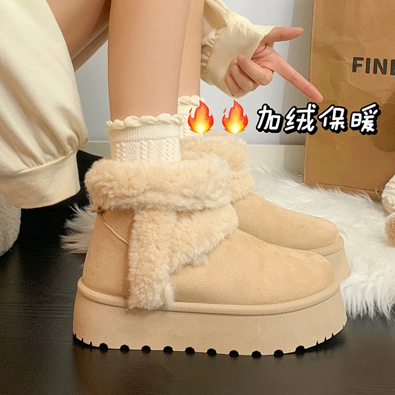 人本冬季时尚保暖厚底雪地靴爆款休闲百搭加绒加厚底棉鞋女ins潮