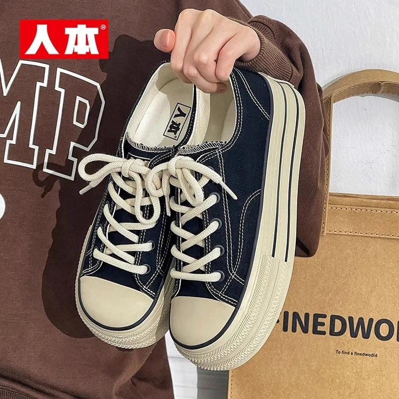 人本爆款帆布鞋夏季休闲潮流百搭低帮厚底板鞋学生小众气质小白鞋