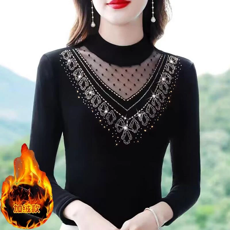 【多色多码】加绒/薄款烫钻蕾丝打底衫长袖秋冬时尚洋气显瘦厚保暖