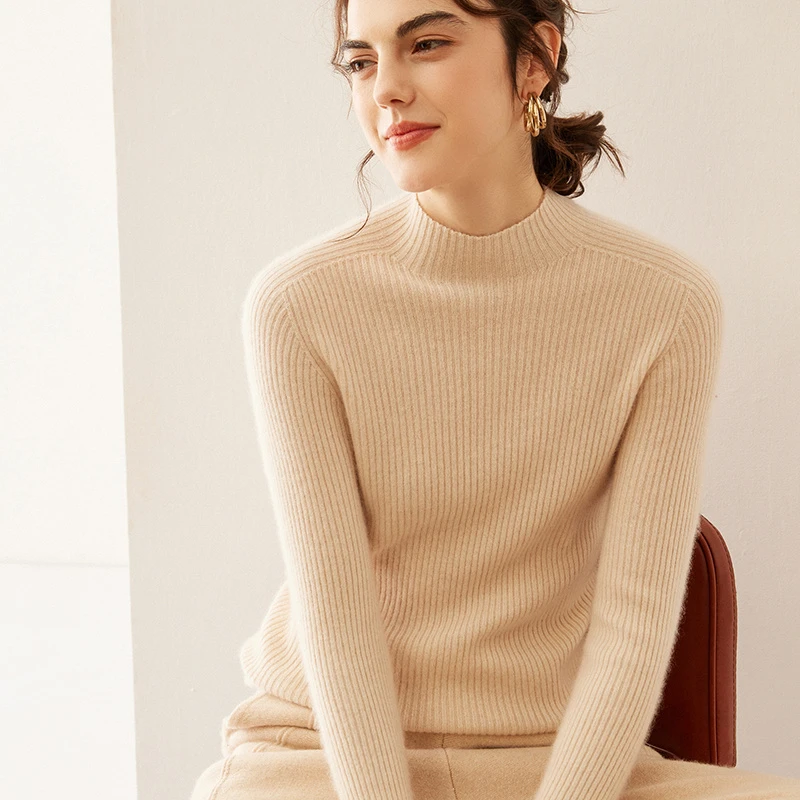 39秋冬新半高圆领套头山羊绒针织衫女纯色一体成衣简约打底毛衣