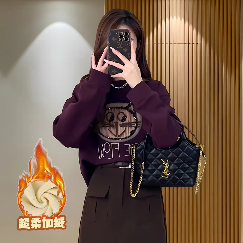 加绒/不加绒卫衣2024秋冬新款时尚洋气猫咪刺绣印花显瘦百搭上衣