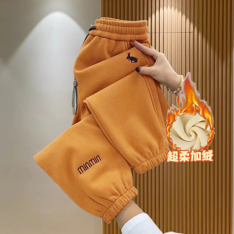 加绒保暖哈伦裤女2025冬季新款休闲字母刺绣百搭加厚洋气减龄裤子