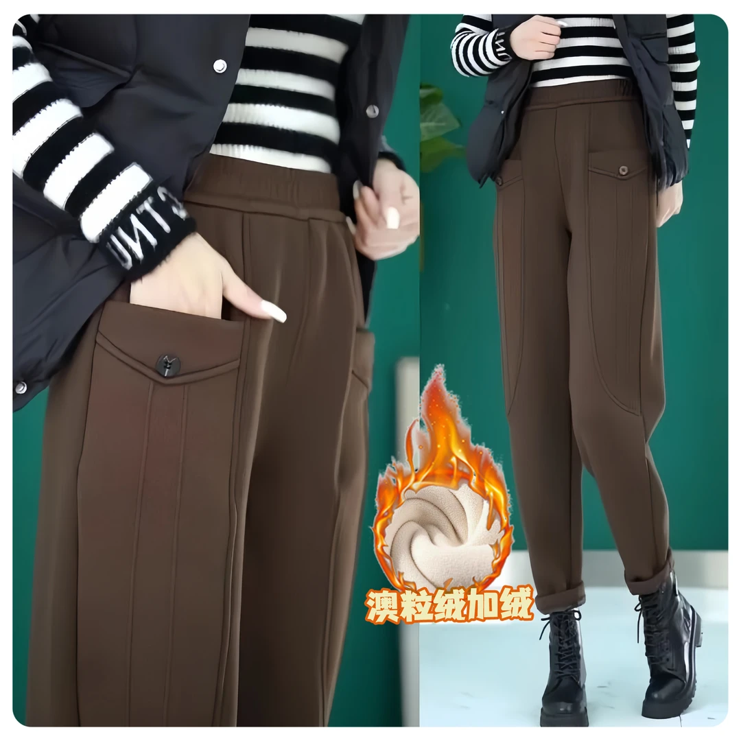 加绒保暖澳粒绒休闲裤女2024冬季新款高腰显瘦百搭口袋洋气哈伦裤
