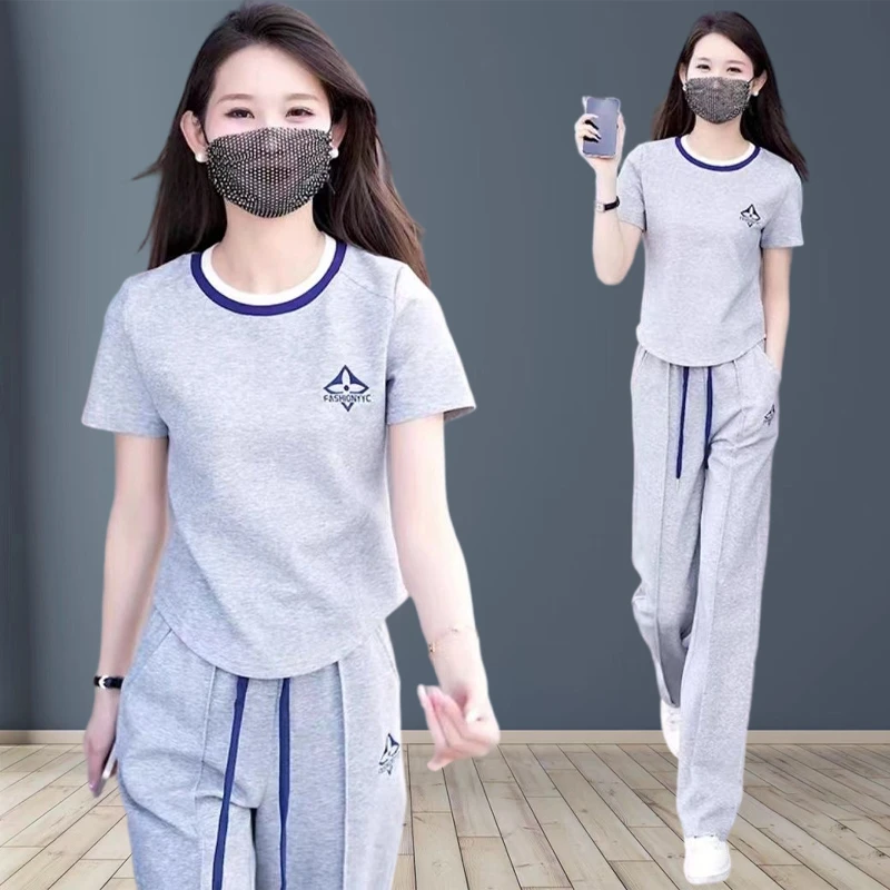 【棉】休闲运动服套装2024夏季新款减龄显瘦时尚运动百搭长裤两件套