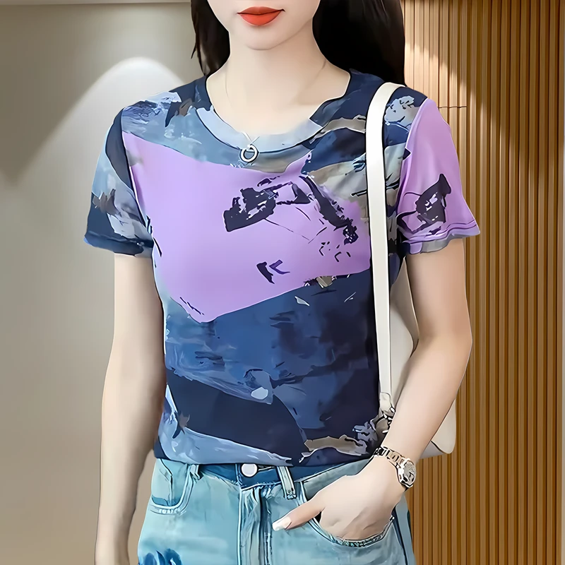 夏装短袖女2025夏季洋气显瘦中式时尚气质百搭遮肚子显瘦上衣短袖