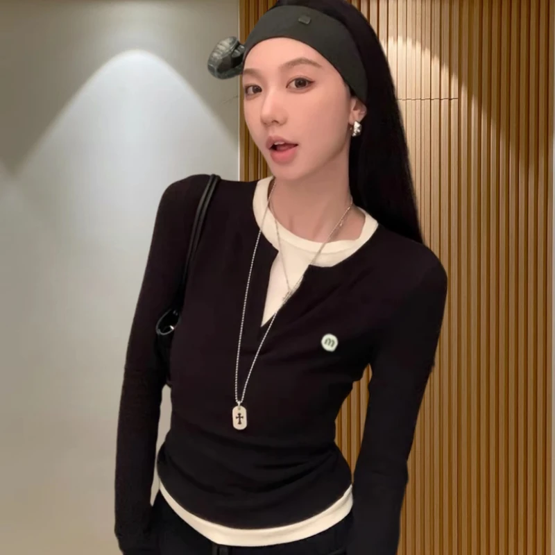 保暖打底衫上衣女2024冬季新款拼接假两件设计感气质休闲显瘦上衣