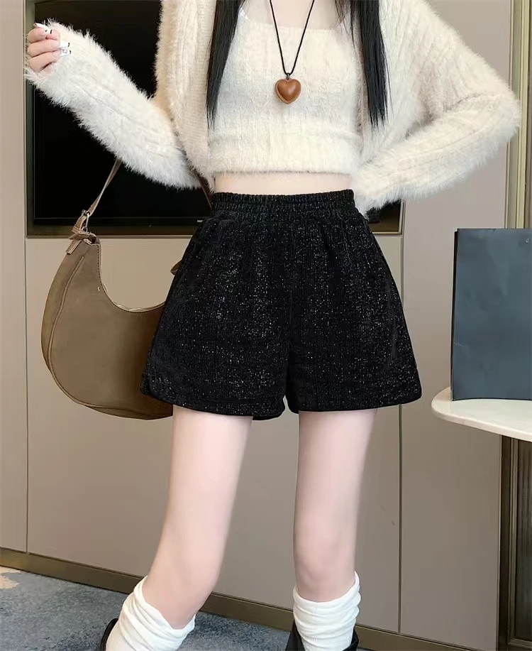 亮丝雪尼尔短裤女2025秋冬新款松紧高腰显瘦休闲阔腿短裤外穿靴裤