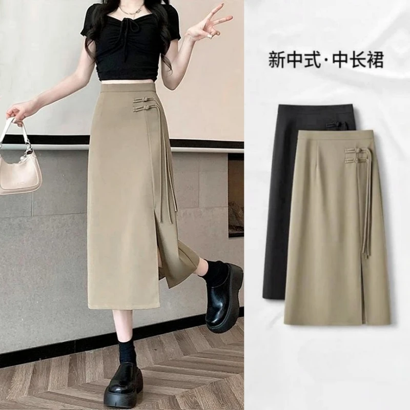 新中式开叉显瘦半身裙女夏季新款时尚国风盘扣A字裙中长款美拉德