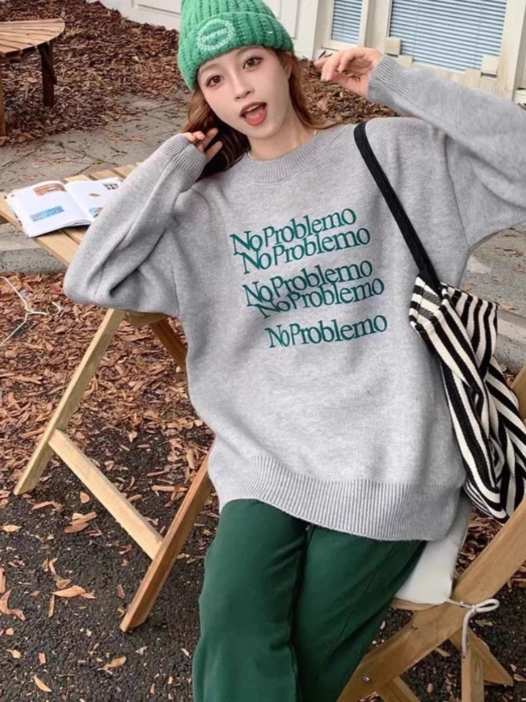chic韩版字母休闲印花毛衣女秋冬新款港式复古宽松百搭针织衫上衣