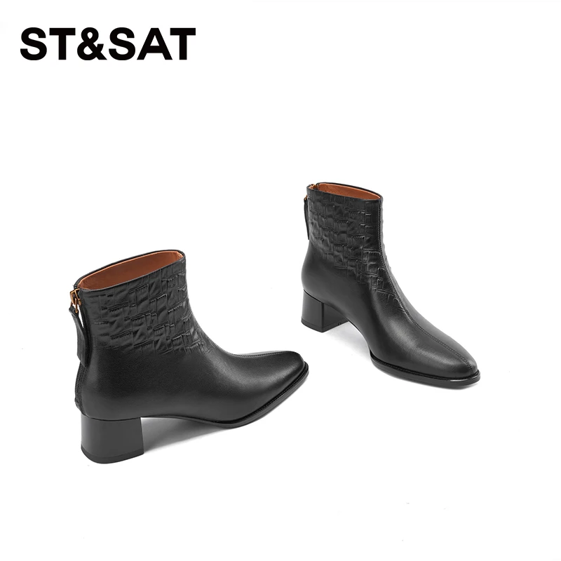 ST&SAT星期六 女鞋子2024新款法式尖头真皮格纹复古后拉链短靴女