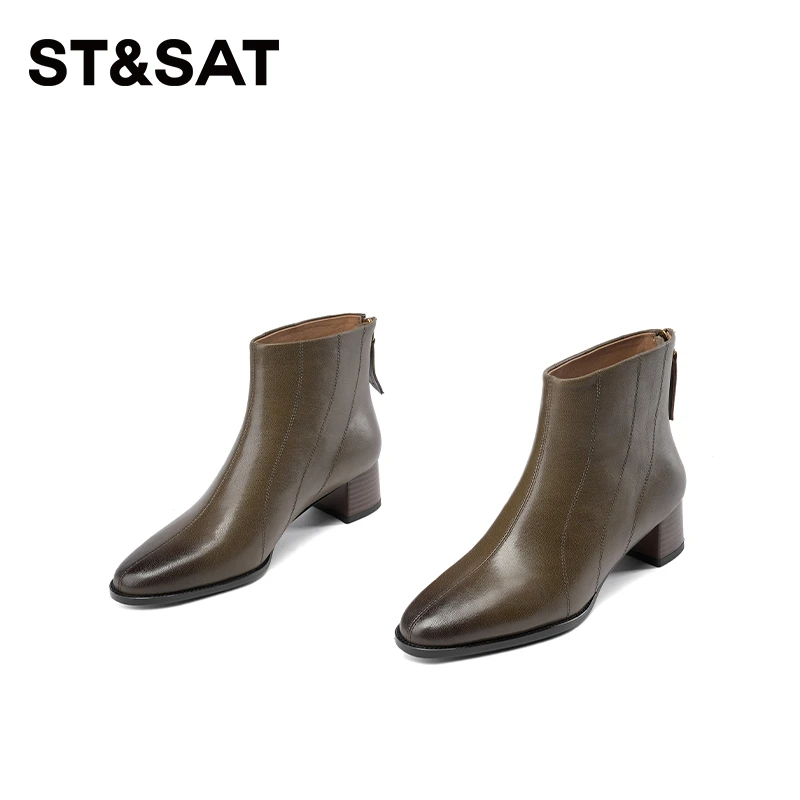 ST&SAT星期六2024新款法式复古真皮尖头百搭金属粗跟侧拉链短靴女