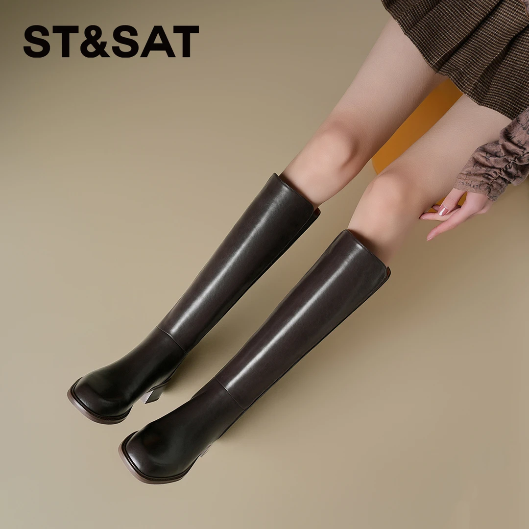 ST&SAT星期六式时尚百搭女鞋2024秋冬新款真皮圆头粗跟后拉链长靴