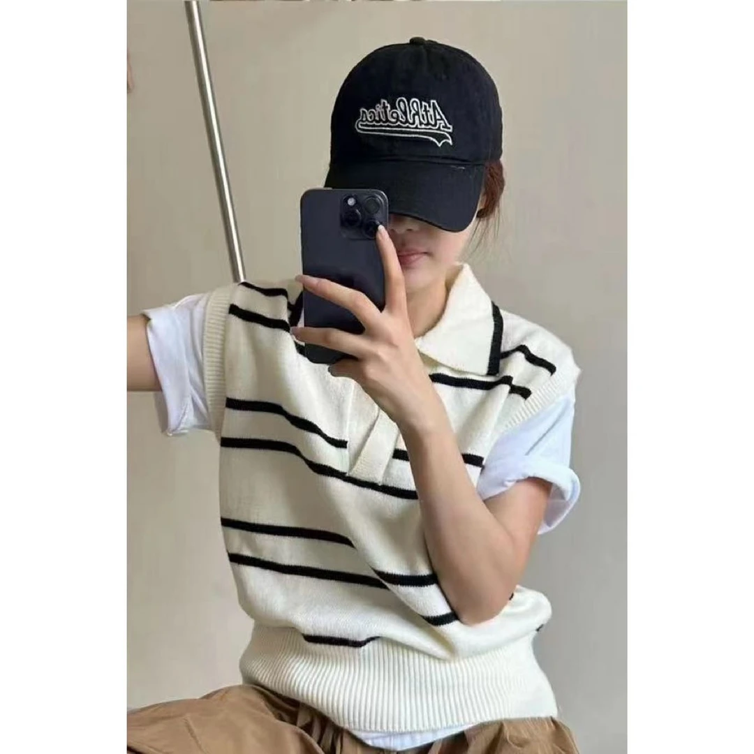 新款韩系高级条纹POLO衫针织上衣女时尚简约百搭无袖上衣716#0.1