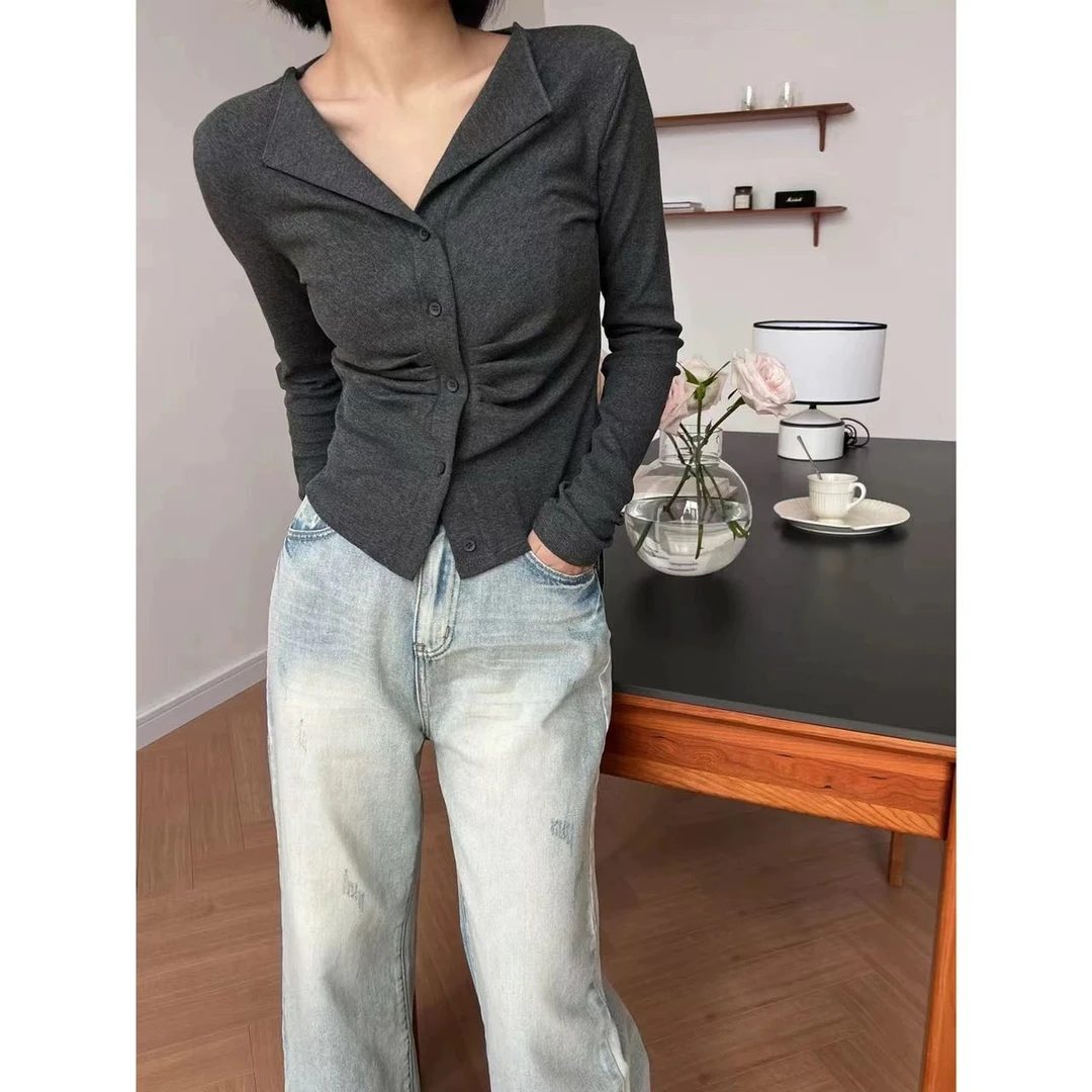 【省心穿搭】气质长袖单排扣不规则褶皱收腰显瘦百搭T恤7647#0.08