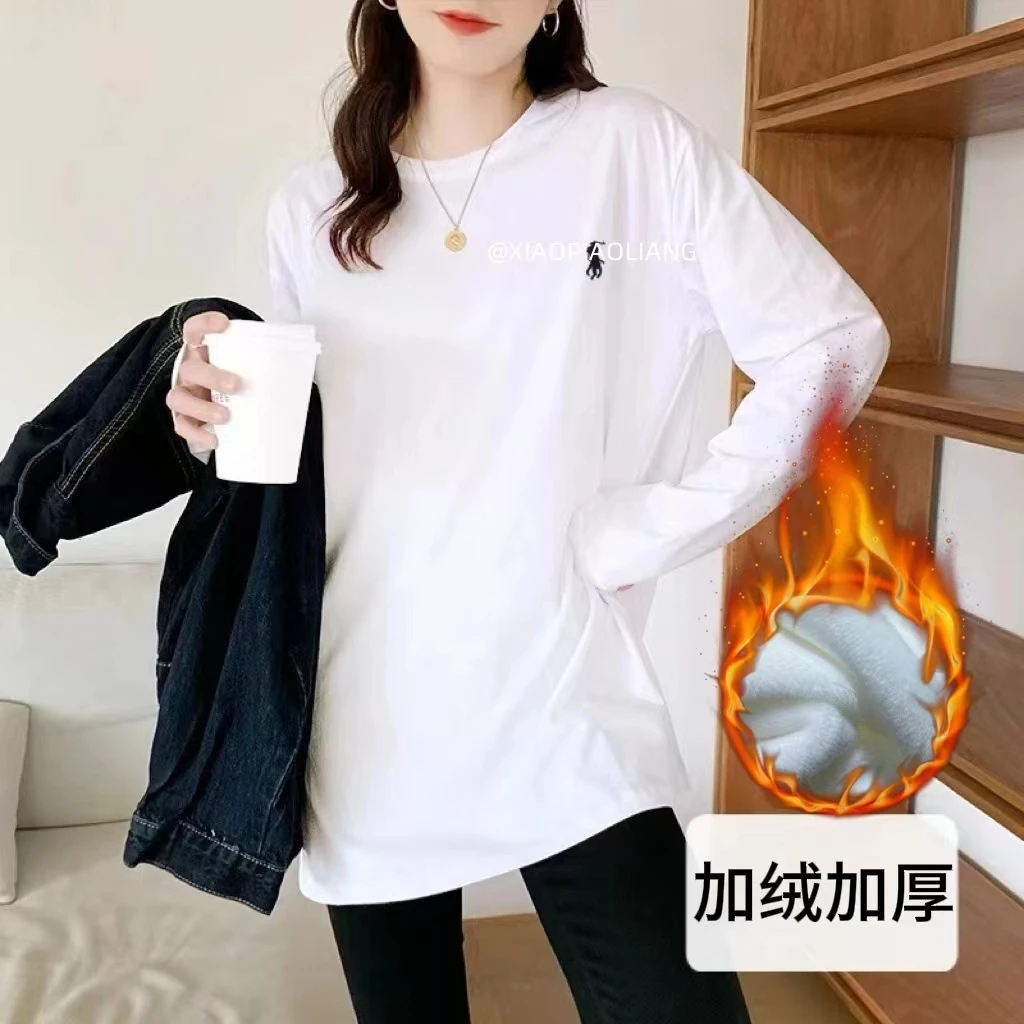 【加绒加厚】新款简约百搭刺绣上衣打底外穿长袖套头上衣女4458#0.1