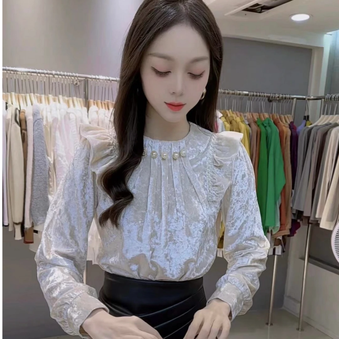 2024秋新款法式优雅洋气时尚衬衫宽松木耳边设计上衣女1121#0.1