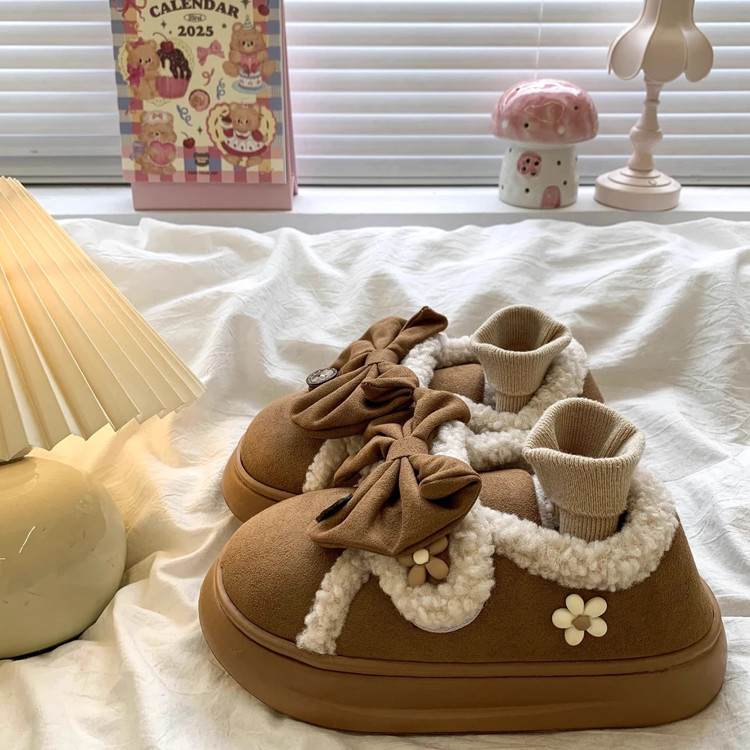蝴蝶结包跟棉拖鞋女款冬天时尚外穿保暖加绒加厚室内家居厚底棉鞋