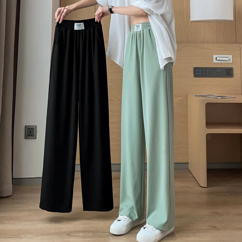 春夏季冰丝阔腿裤女薄款休闲宽松直筒窄版小个子九分大码长裤垂感