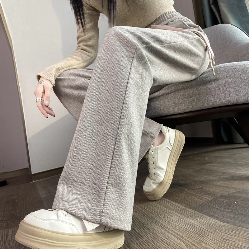 秋冬季窄版阔腿裤女九分小个子加绒直筒宽松加厚人字纹毛呢裤子