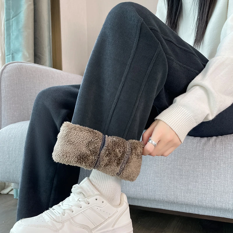 羊羔绒窄版阔腿裤女直筒小个子大码保暖加厚加绒雪尼尔长裤秋冬季