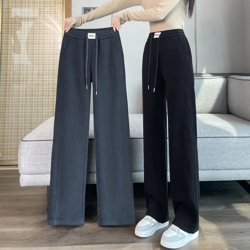 秋冬季窄版香蕉阔腿裤女小个子休闲大码灯芯绒加绒加厚直筒长裤子