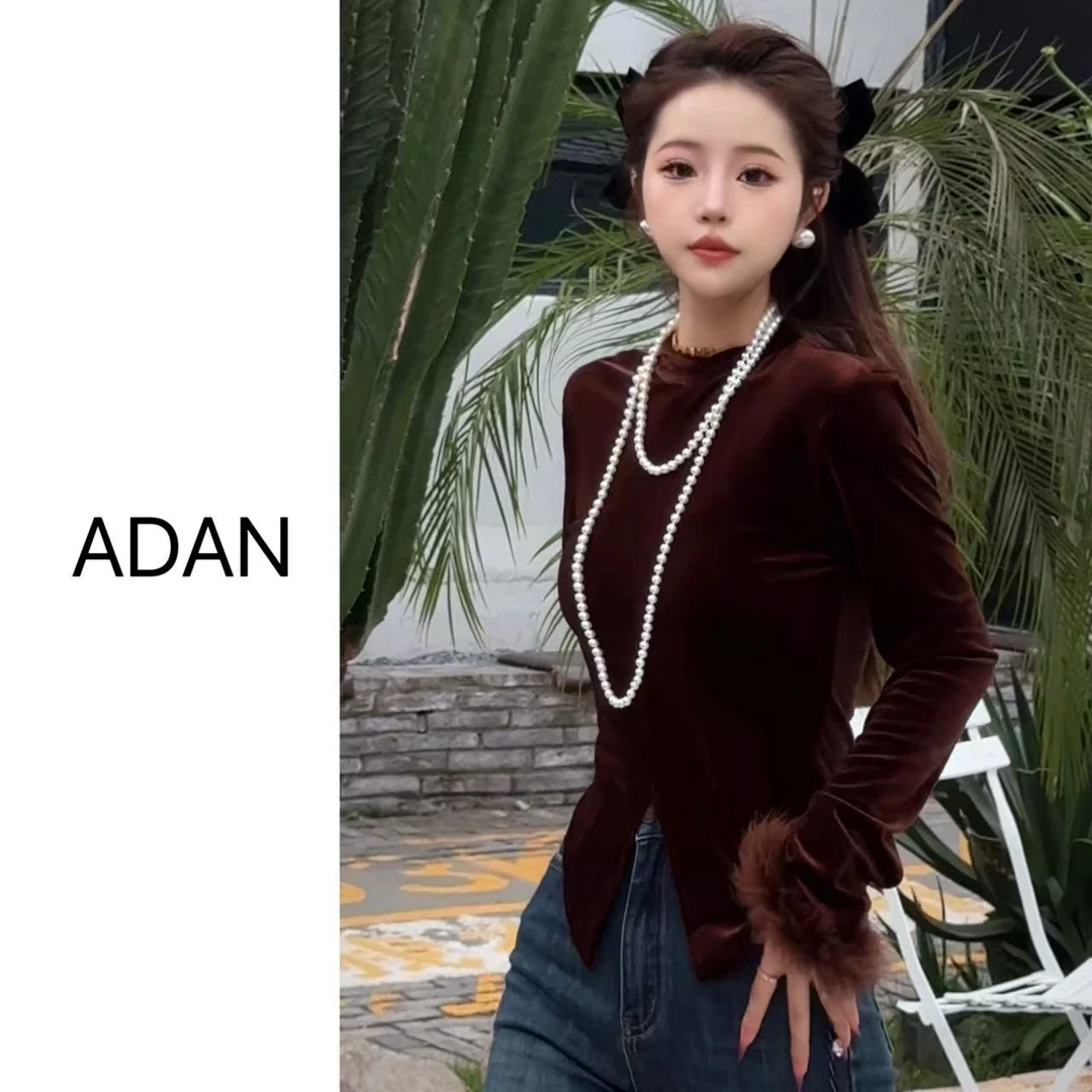 【YL】新款秋冬丝绒弹力驼鸟毛显瘦百搭气质女人味打底衫上衣