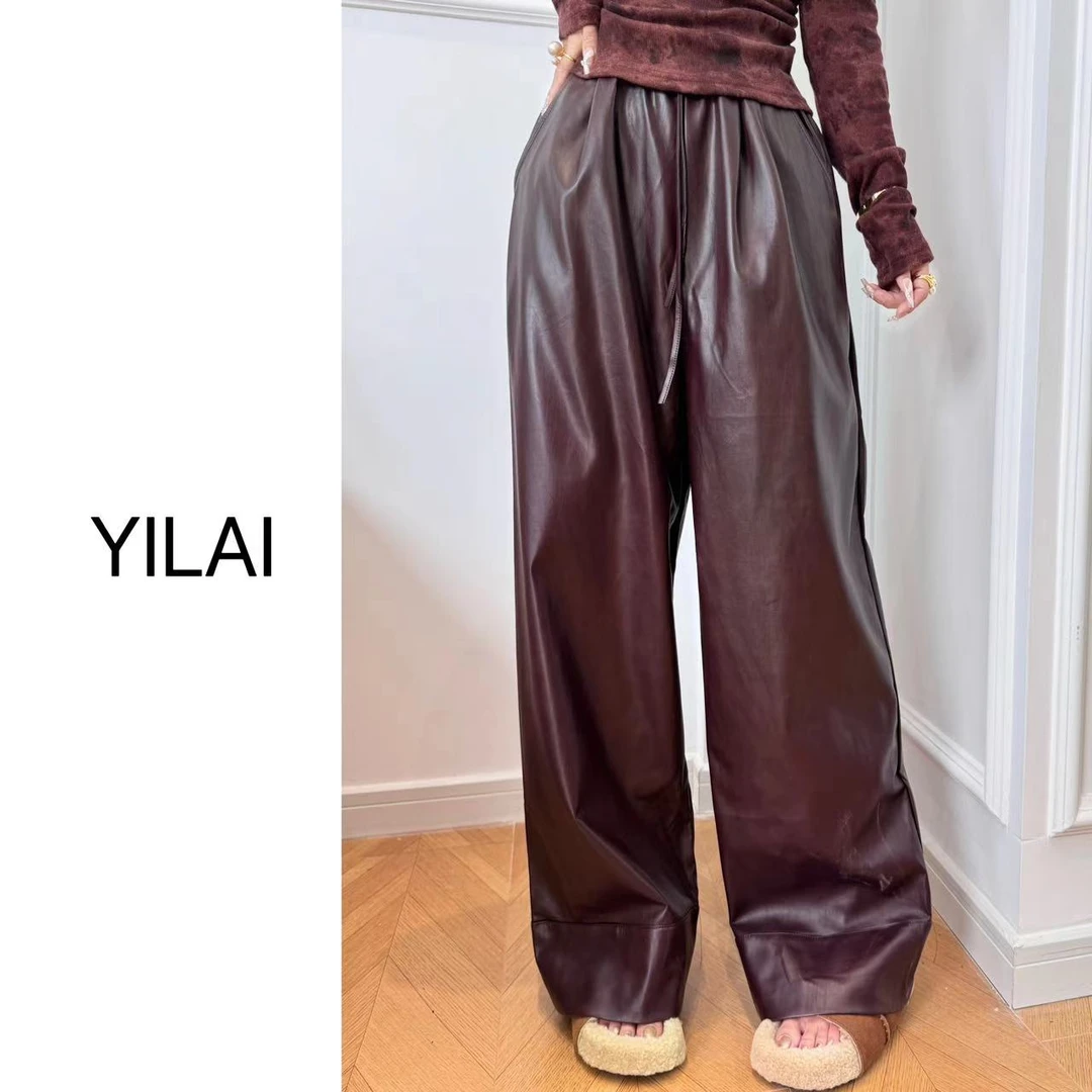 【YL】全松紧腰直筒垂感阔腿皮裤高腰阔腿裤宽松