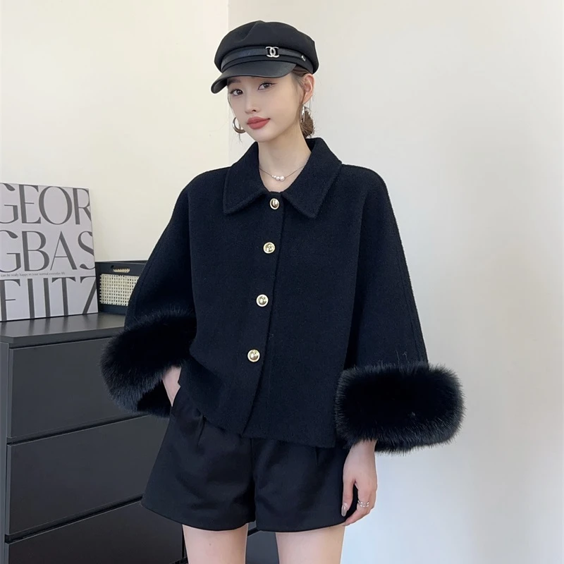 黑色斗篷毛呢外套女2024秋冬新款小个子百搭披肩开衫气质显瘦上衣