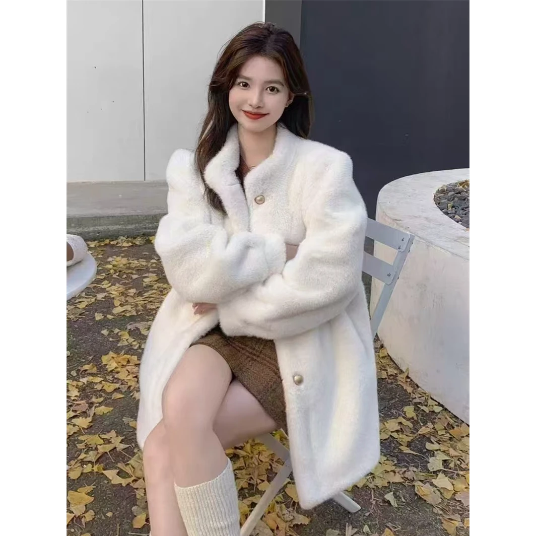 仿水貂绒白色立领大衣女秋冬皮毛一体中长款加厚宽松百搭减龄外套