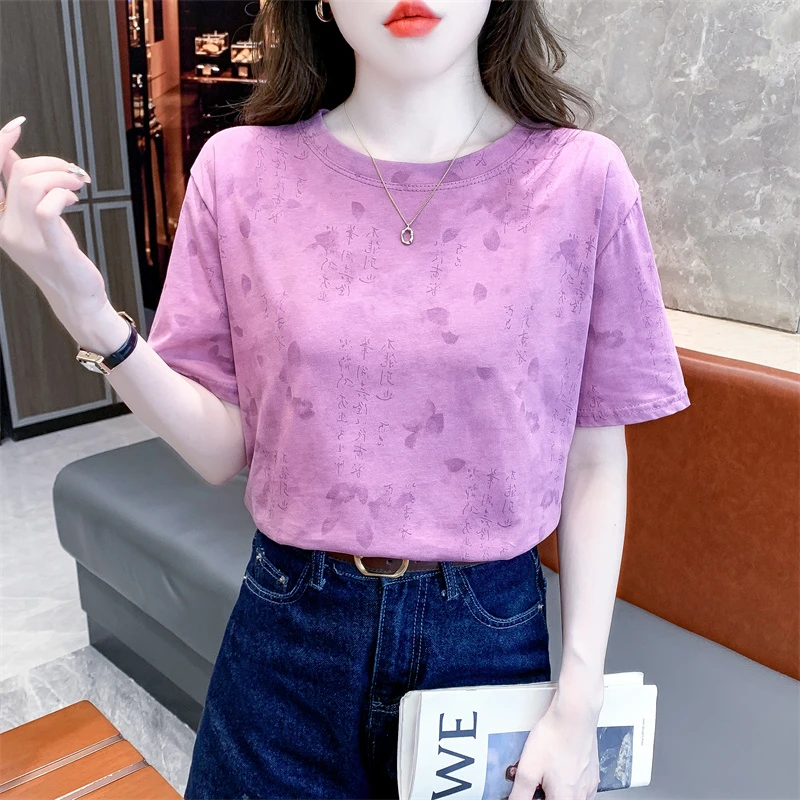 时尚国风印花t恤女短袖夏季新款宽松休闲显瘦百搭圆领体恤上衣