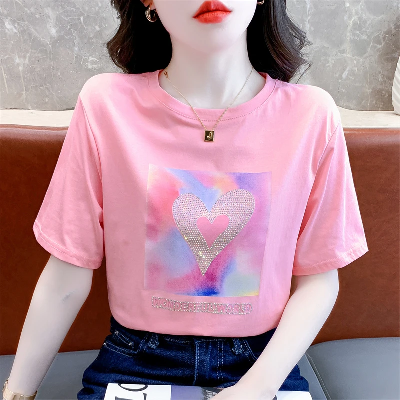 夏季时尚爱心印花短袖T恤女夏装韩版宽松粉色设计感体恤百搭上衣