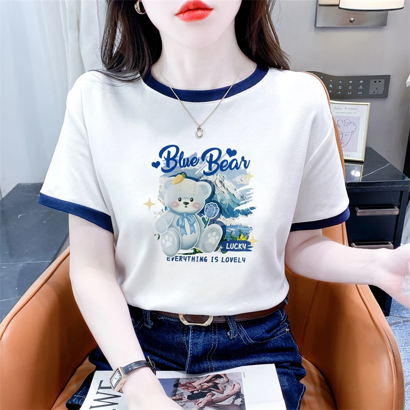 撞色印花短袖t恤女夏季新款宽松休闲显瘦减龄白色圆领体恤上衣