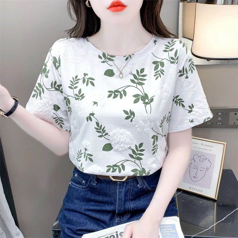 时尚碎花女士t恤短袖2024夏季新款洋气印花小衫宽松百搭薄款夏装