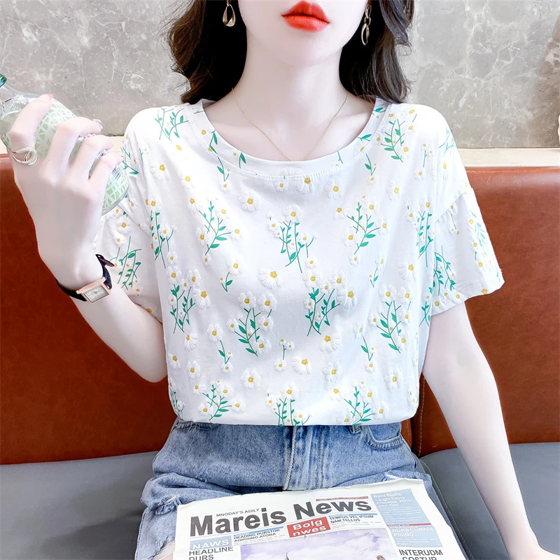 碎花短袖t恤女夏季宽松印花设计感小众体恤百搭洋气圆领上衣