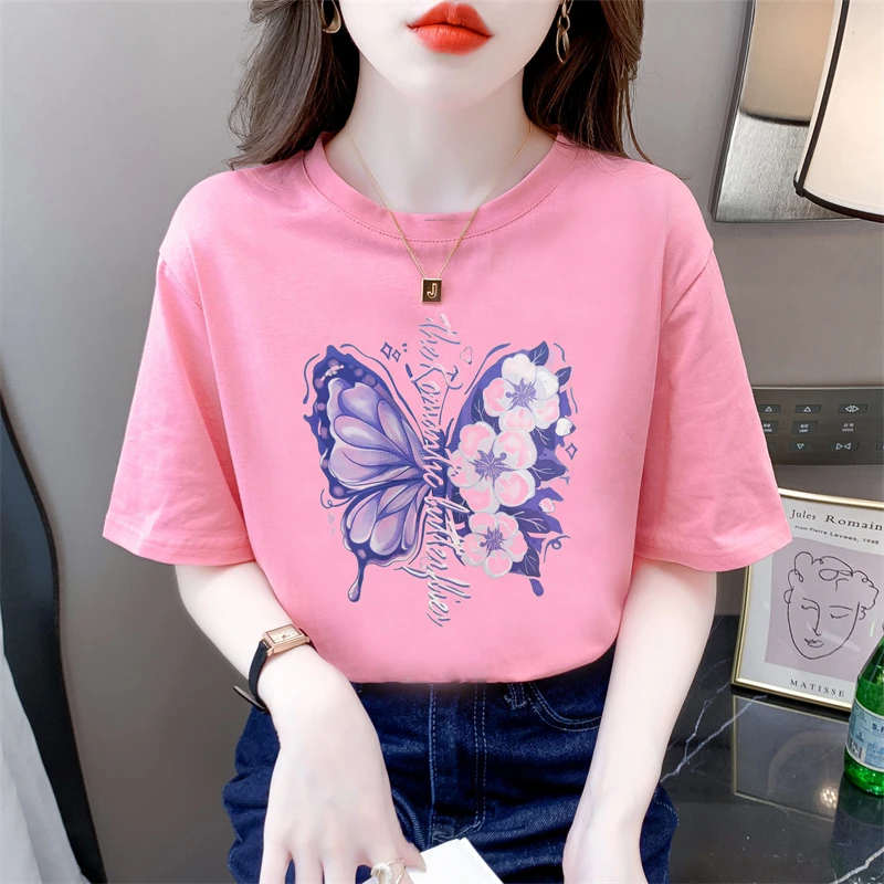 韩版短袖t恤女夏季新款正肩粉色蝴蝶印花设计感小众体恤百搭上衣
