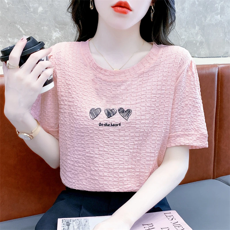 泡泡袖刺绣t恤女短袖2023年夏季新款宽松设计感小众洋气减龄上衣