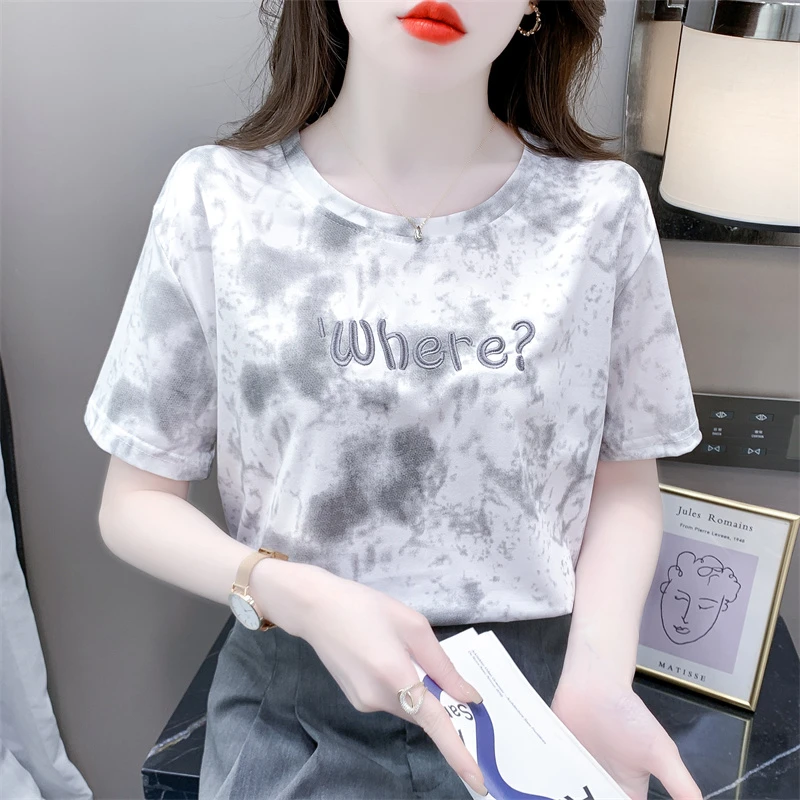 扎染印花短袖T恤女2024夏季新款韩版宽松休闲字母刺绣上衣