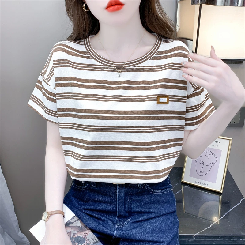 时尚条纹正肩短袖t恤女2024夏季新款设计感小众宽松圆领半袖上衣