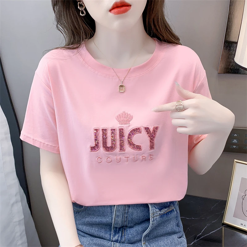 重工亮片刺绣短袖t恤女2024夏季新款宽松显瘦百搭圆领上衣