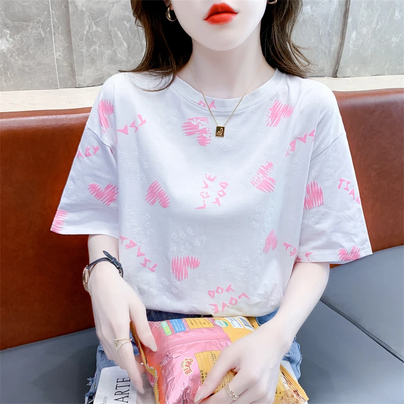 爱心印花白色t恤女短袖2024夏季新款宽松休闲体恤百搭上衣
