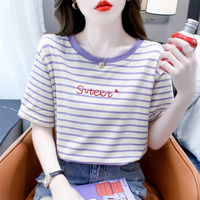 条纹短袖t恤女2024新款爆款夏装女款时尚刺绣百搭小个子精致上衣