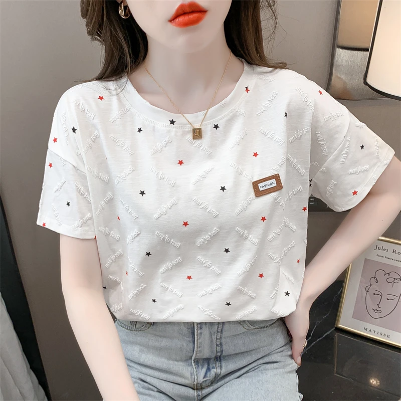 短袖t恤女2024夏季新款韩版宽松半袖体恤圆领洋气时尚高端上衣服