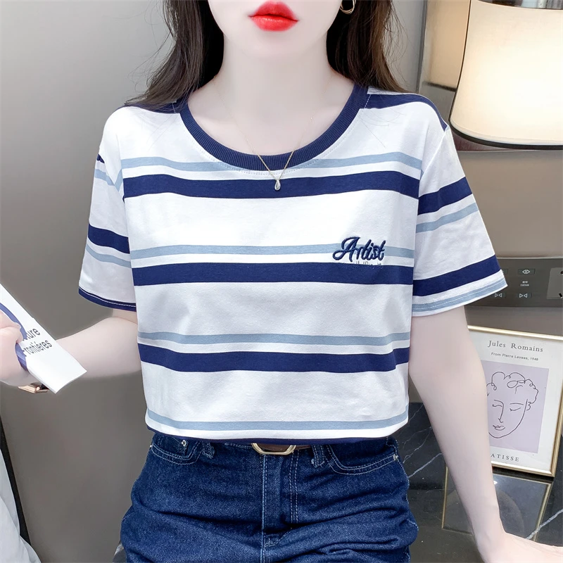 条纹短袖t恤女夏季新款字母刺绣韩范时尚宽松百搭圆领上衣女