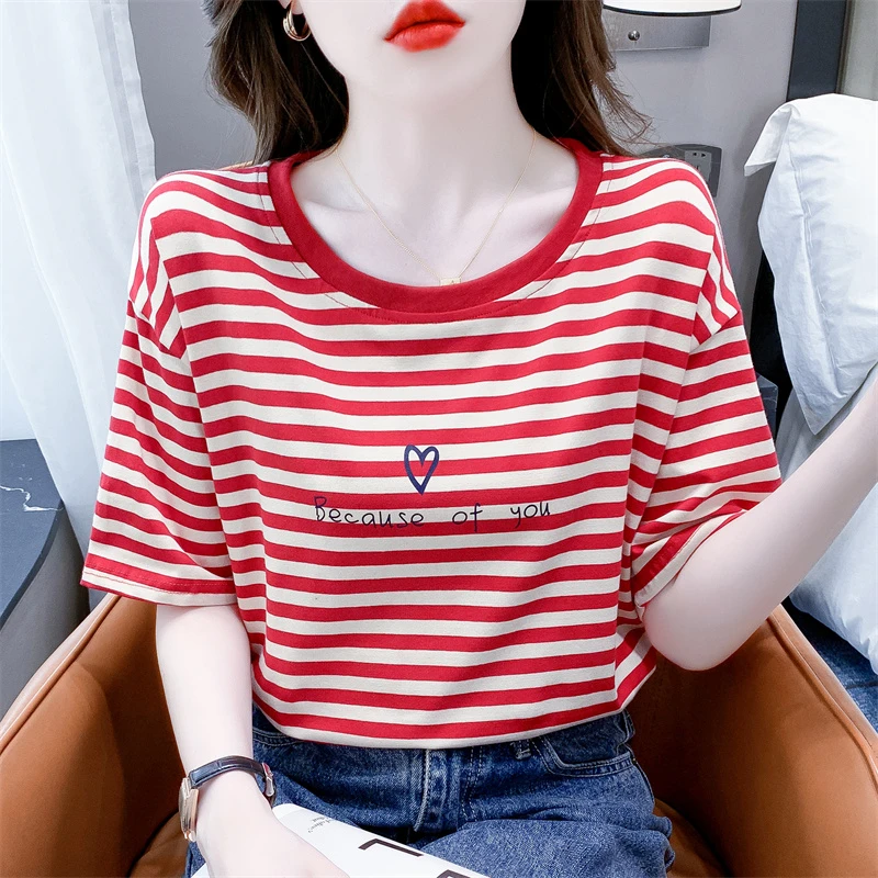 条纹短袖t恤女夏季新款韩版宽松显瘦休闲圆领体恤印花上衣