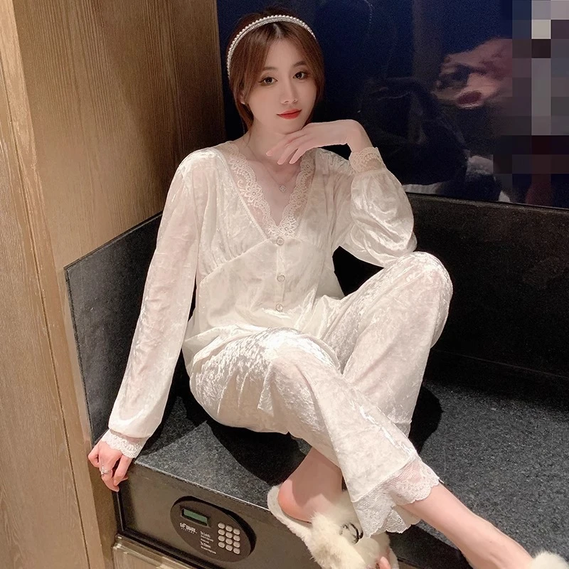 【V领蕾丝】春秋冬款睡衣女冬季长袖薄款金丝绒小性感网红v领套装