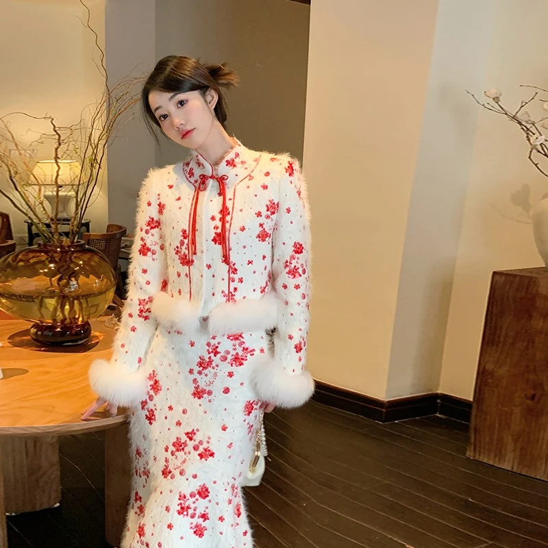 冰冰来了丨【踏雪寻梅】国风亮片短款羽绒服外套鱼尾裙套装 25594