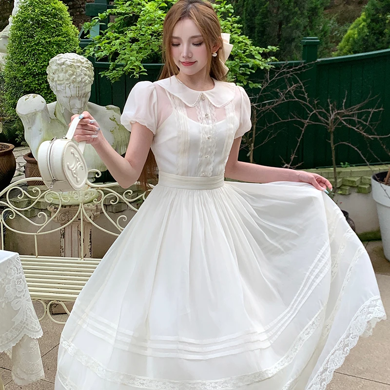 【乖乖优等生】简约高级感泡泡袖连衣裙A字高腰长裙26075