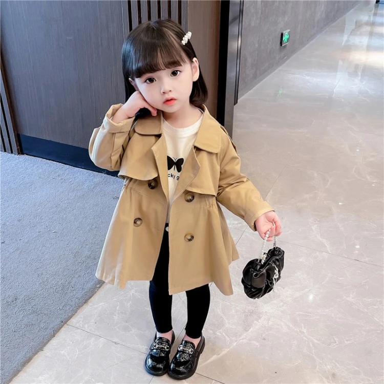女童风衣中长款英伦风小女孩2025春装新款儿童装卡其色双排扣外套
