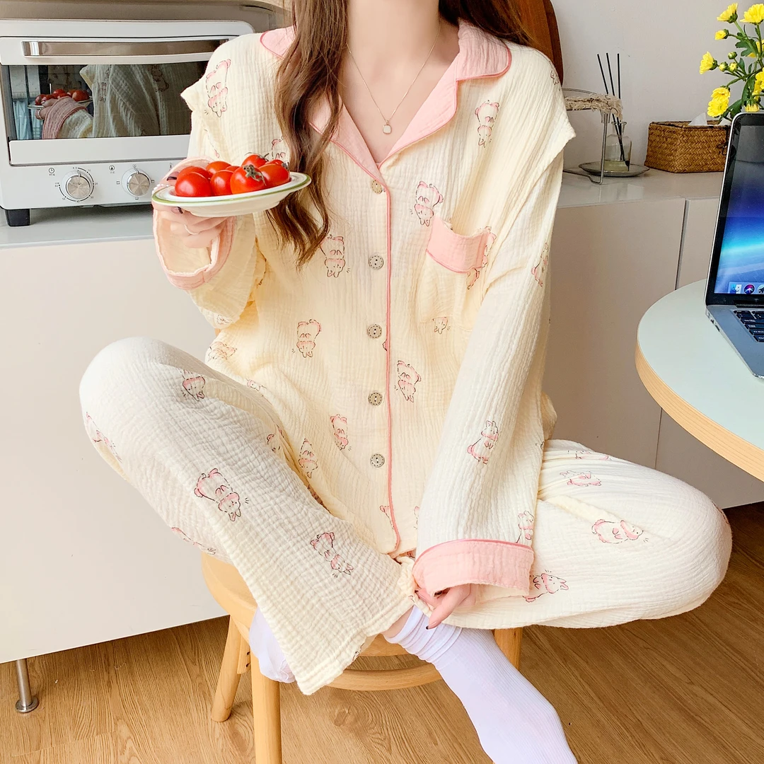 100%全棉月子服夏季产后纯棉纱布哺乳孕妇睡衣女可外穿喂奶家居服