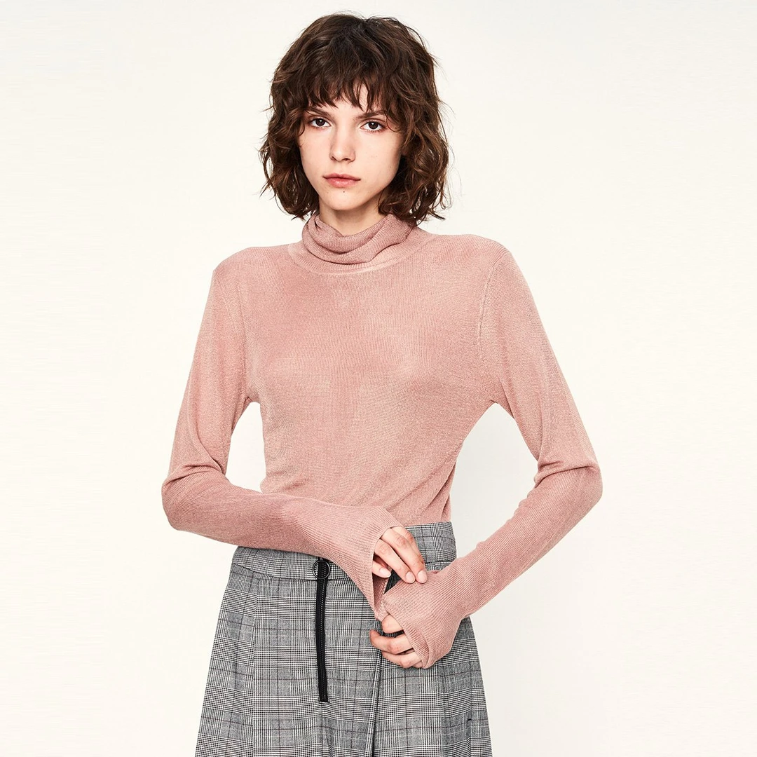 super.natural【ZZ16】女士套头小高领半透针织衫时尚百搭打底衫